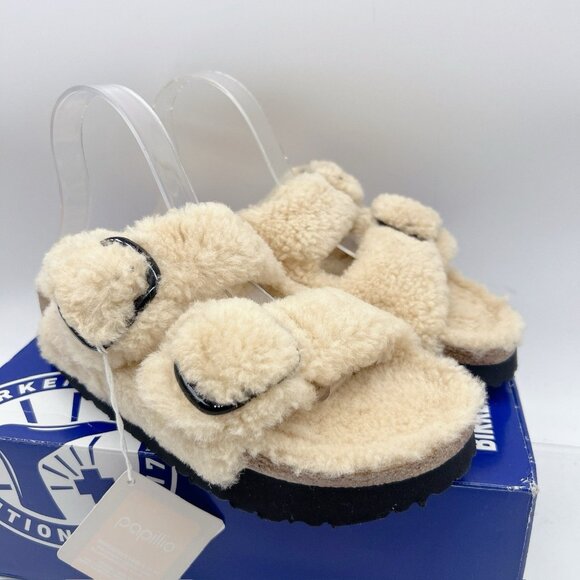 Birkenstock Arizona Big Buckle Shearling Teddy Eggshell Platform Sandal EU 41 - Picture 4 of 13